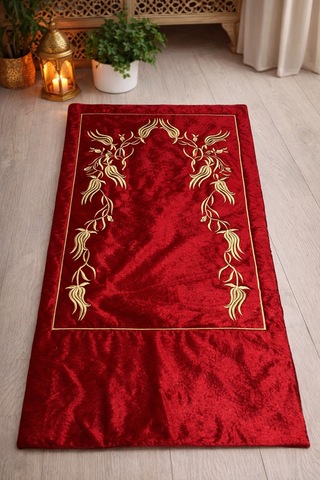 Sırma Nakış İşlemeli Çeyizlik - Diz Ağrıtmaz / Ortopedik Arası Elyaf Dolgulu Seccade 80x120 Ebat Kırmızı