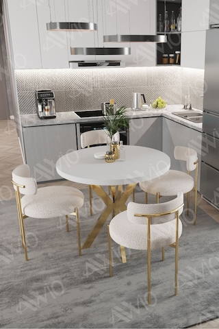 Avvio Lea Mat Gold Ayak 4'lü Teddy Sandalye 90x90 Masa Sandalye Takımı Sandalye Bukle Kumaş Beyaz
