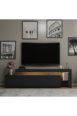 Beliz Modern LED Işıklı 3 Kapaklı, Raflı TV Sehpası – 192 cm, Antrasit