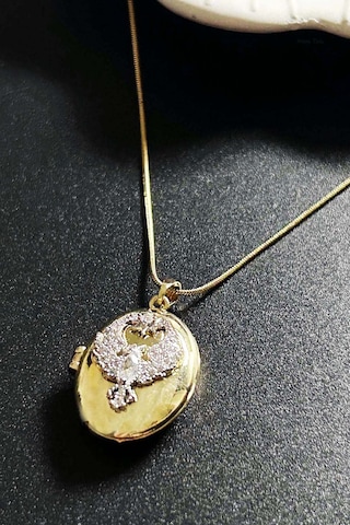 Zirkon Taşlı, Alya, Kapaklı, Paslanmaz Çelik Kolye 424, Altın Renk Altın