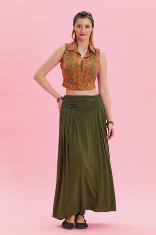 Beli Lastikli Drape Detaylı Otantik Etek Haki