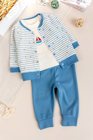 Babymod Balık Desenli 3'lü 100% Pamuk Erkek Bebek Takım Set mavi