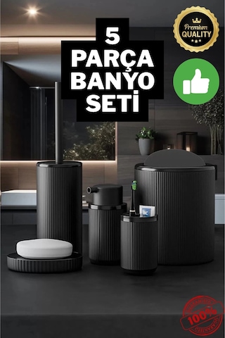 Yuvarlak Siyah 5 Parça Banyo Seti Çöp Kovası Fırça Sabunluk Diş Fırçalık Aksesuar 508 Yeşil
