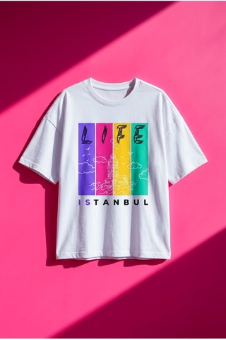 Kadın Oversize Tişört İstanbul Baskılı BEYAZ