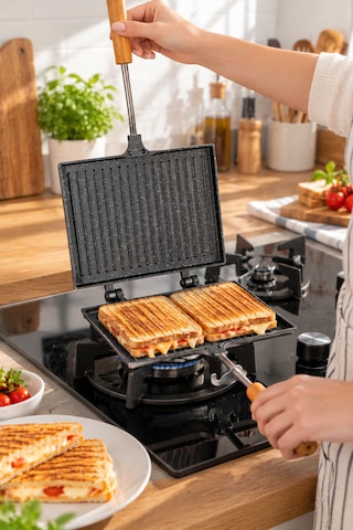 Porsima Çift Taraflı Ocak Üstü Tost Makinesi 17x23 Cm Granit İç Yüzeyli Ahşap Saplı Klasik Tost Tavası Teflon