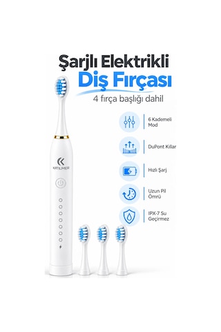 Exenar - Beyaz - Şarjlı Elektrikli Diş Fırçası Dupont Yumuşak Kıllı 6 Mod 4 Yedek Başlıklı Ipx7 Su Geçirmez