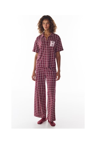 Penti Bordo Harvard Pötikare Desenli Kısa Kollu Gömlek Pantolon Pijama Takımı
