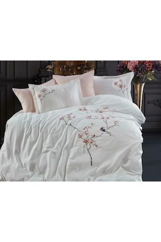 Dantela Hüma Nakışlı Pamuk Saten Çift Kişilik Krem Nevresim Takımı Krem