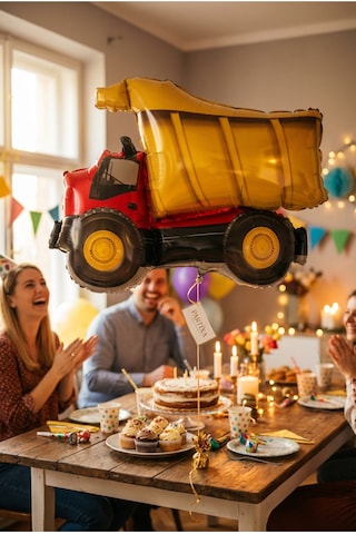 İnşaat Damperli Kamyon Folyo Balon 79x66 Cm İnşaat Temalı Çocuk Doğum Günü Parti Süsü Çok Renkli