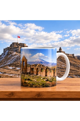 Ani Harabeleri Baskılı Porselen Kupa 300 Ml Kars Temalı Hediyelik Bardak Tekli Beyaz
