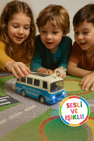 Nostaljik Halk Otobüsü 11 Cm Pilli Sesli Işıklı Kapısı Açılır Yumuşak Tekerlekli - Mavi