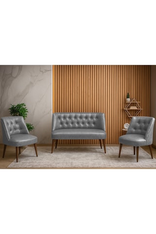 Milano 3 Lü Deri Oturma Grubu 2 Berjer + 1 İkili Koltuk Ofis & Ev Kullanımı Gri Gri