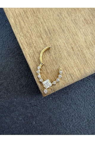 316 L Cerrahi Çelik Oval Zirkon Taşlı Pırlanta Model Halka Piercing Altın - Lacivert