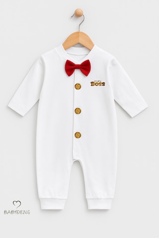 Babyden's Mini Boss Papyonlu Erkek Bebek Tulum Düğmeli Tasarım, Uzun Kollu Yenidoğan Tulumu Kırmızı