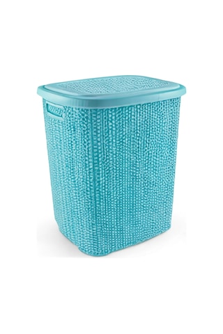 Kirli Çamaşır Sepeti Kapaklı 65 Lt Örgü Desenli Plastik Çamaşır Sepeti Banyo Sepeti - Turkuaz Renkli