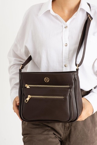 Kadın Ayarlanabilir Çapraz Askılı, Dört Cepli Kahverengi Omuz Çantası-84