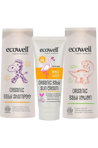 Ecowell Organik Bebek Tatilde Paketi Bebe Şampuanı 300 ML+ Bebek Güneş Kremi + Bebe Losyonu