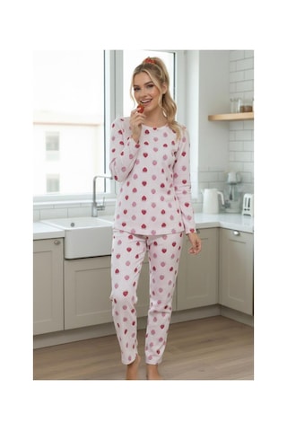 Siyah İnci Mevsimlik İnce Bisiklet Yaka Örme Pijama Takım 7979 Çilek Desenli