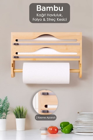 Bambu Streç Film Folyo Kesici - Fonksiyonel 2 Bölme Streç Folyo Kesme Kutusu Ve Kağıt Havlu Askılığı