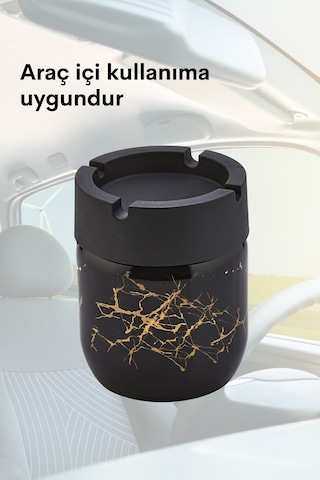 Grimorlife 2 Adet Siyah Bronz Mermer Desenli Dekoratif Cam Kokusuz Küllük Kül Tablası Seti 425 Cc