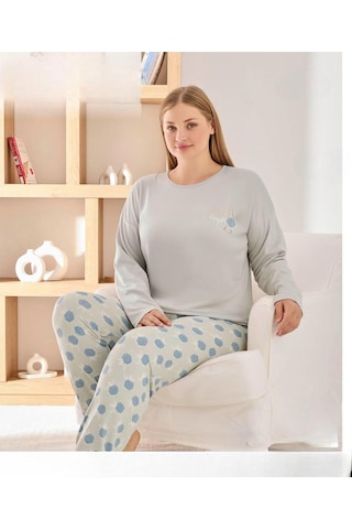 Pijamoni Kadın Sofya Büyük Beden Bisiklet Yaka Uzun Kol İnce Pijama Takımı 8720/2- 1 Adet Gri