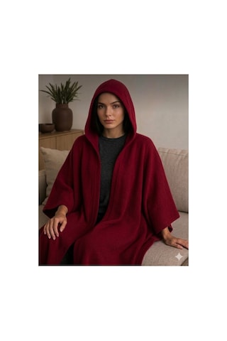 Alpin Unisex Oversize Kapüşonlu Panço Bordo Premium Kışlık Kumaş Bordo Bordo