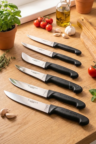 Silver Serisi 6 Lı Mutfak Bıçağı Et Ekmek Sebze Kurban Mutfak Bıçak Seti Siyah Sap Mtf-202x