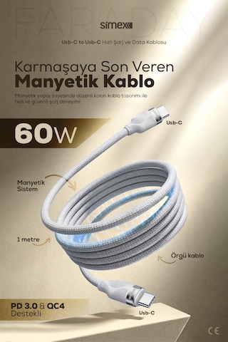 Simex 60W Type-C Type-C Hızlı Şarj Kablosu - Manyetik Şarj ve Veri Kablosu - QC 4.0 Destekli SPK-13
