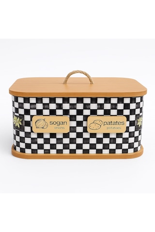 Dekorasyaa 2 Bölmeli Patates Soğanlık - Bambu - Dikdörtgen Dama Desen Beyaz - Siyah