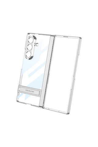 Samsung Uyumlu Galaxy Z Fold 7 Kılıf Kamera Korumalı Şeffaf Tasarımlı Nourthkingdom Standlı Kılıf Gümüş