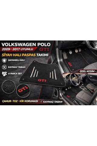 Volkswagen Polo 2009-2017 Uyumlu Siyah Halı Paspas Takımı Kaymaz Taban 4 Parça
