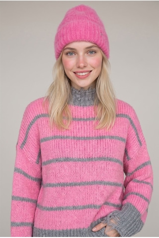 Neden Tekstil Kadın Premium Çizgili Yırtık Detaylı Oversize Triko Kazak - Pembe