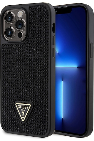 Apple iPhone 13 Pro Max Uyumlu Kılıf Guess Lisanslı Taşlı Arka Yüzey Üçgen Logolu Kapak Siyah