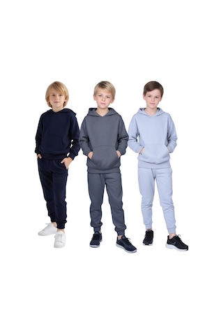 3 Lü Düz Baskısız Kanguru Cepli Kapüşonlu Erkek Çocuk Eşofman Takımı Çok Renkli