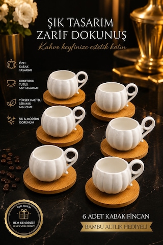 6 Kişilik Bambu Tabaklı Beyaz Porselen Kahve Fincan Takımı
