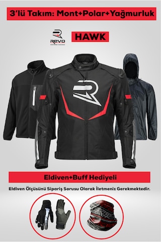 Revo Hawk Kırmızı 3 Katmanlı 4 Mevsim Unisex Motosiklet Montu + Eldiven Ve Buff