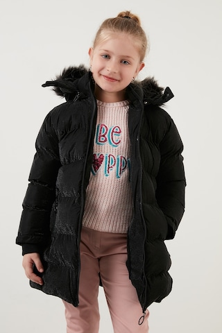 Lela Yakası Suni Kürklü Peluş Astarlı Çıkarılabilir Kapüşonlu Dar Kesim Kışlık Kız Çocuk Mont 5760002 Siyah