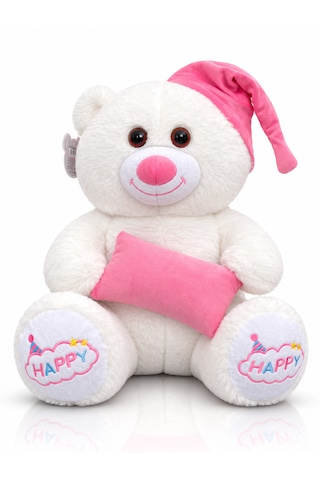 Ayıcık Şapkalı Ve Yastıklı Seri Peluş Ayıcık 60cm - Hediyelik Peluş Oyuncak 001 - Beyaz
