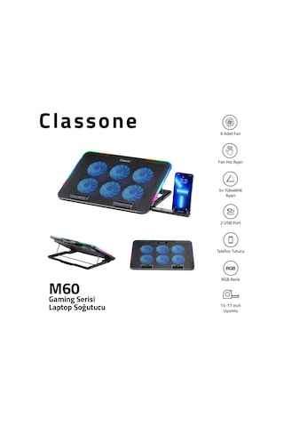 Classone Gaming M60 Laptop Soğutucu , Notebook Stand,10 Rgb Işık Kontrolü, 15.6 -17 İnch , Hız Kontrolü , 6 Büyük Fan ,telefon Standı, 2 Usb