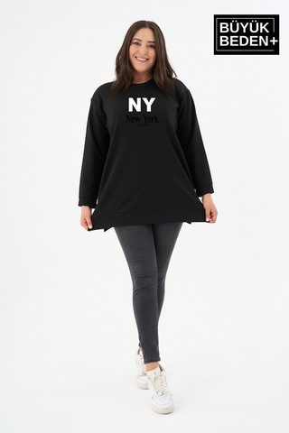 Süperlife Kadın Tunik Büyük Beden Ny Newyork Baskılı İnce Sweatshırt Spr26btk990-1 Siyah