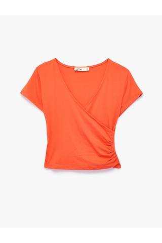 Koton Pamuklu Slim Fit Drapeli Kısa Kollu V Yaka Kruvaze Tişört Kırmızı 6sak50553ek