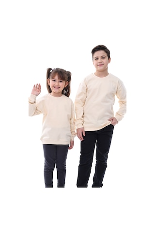 Zuzunga Basic Bisiklet Yaka Şardonlu Çocuk Sweatshirt 3-10 Yaş Krem