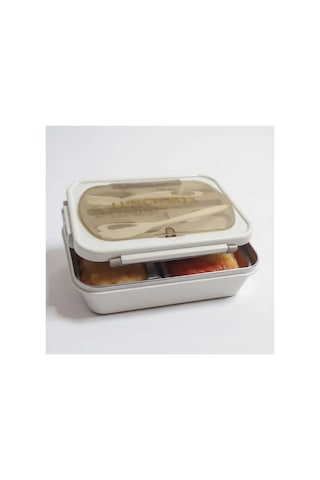 Beslenme & Gıda Taşıma Kabı Sefer Tası 304 Çelik 2 Bölmeli Kilitli Kapak Bej Lunch Box .