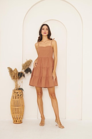 Camel Askısı Boncuklu Püsküllü Eteği Volanlı Mini Elbise Dm1038