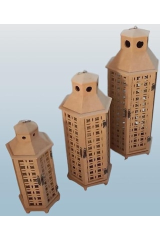 1448bng90235hobi Adn Dekoratif Fenerlik 3lü Set Ahşap Mdf Ham Cnc Kesim Oymalı Nakış El Yapımı