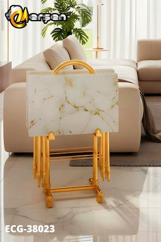 Eranş Serisi 4'lü Katlanır Cam Beyaz Mermer Desen Çanta Zigon Sehpa Gold Ayak Beyaz Mermer Desen Gold