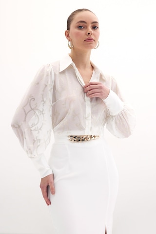Sateen Geniş Manşetli Şifon Gömlek - Ekru-135897 Ekru