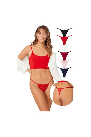 Cottonhill Önü Dantelli Tül Detaylı Kadın Tanga 6'lı Paket Külot Renkli-5 Çok Renkli