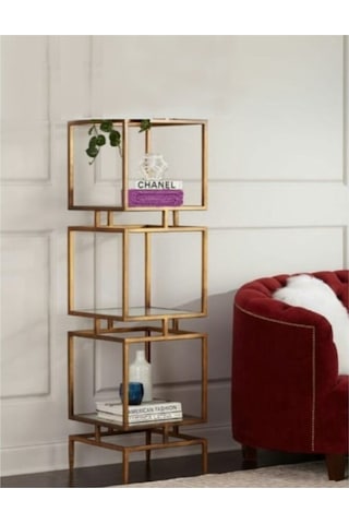 Olope Pirinç Eskitme Metal 3 Raflı Kitaplık Çiçeklik Gümüşlük Duvar Rafı