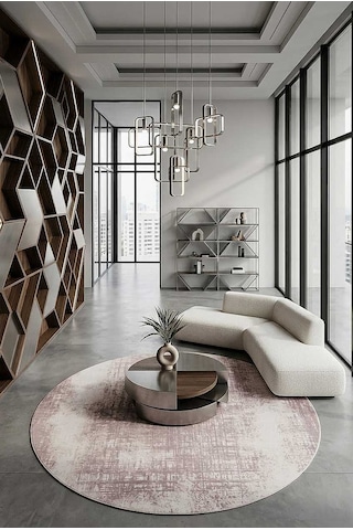 Geometrik Abstract Desenli Prato İpeksi Lüks Viskon Yuvarlak Halı Pr05 Krem